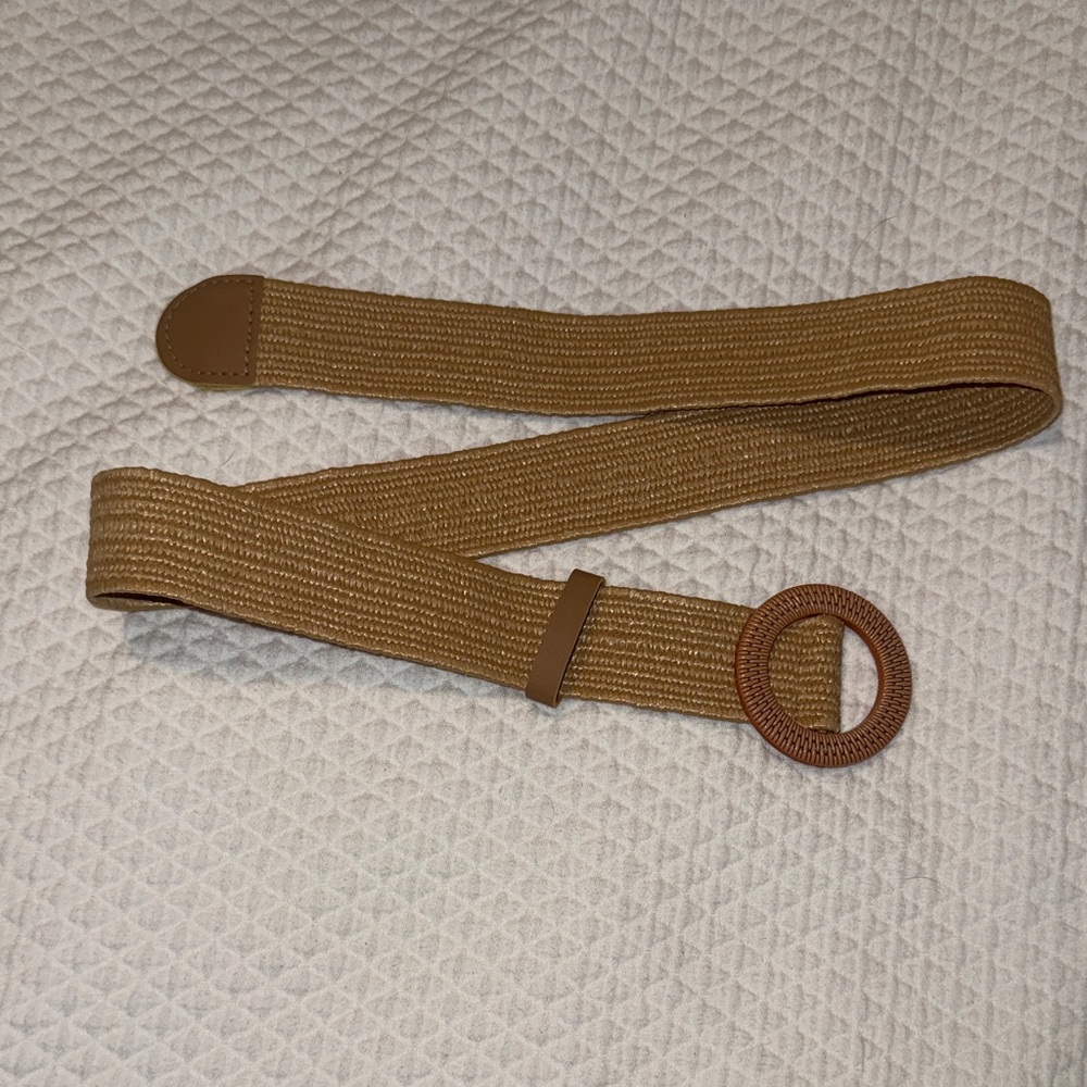 Woven Elastic Tan Belt with Round Buckle
